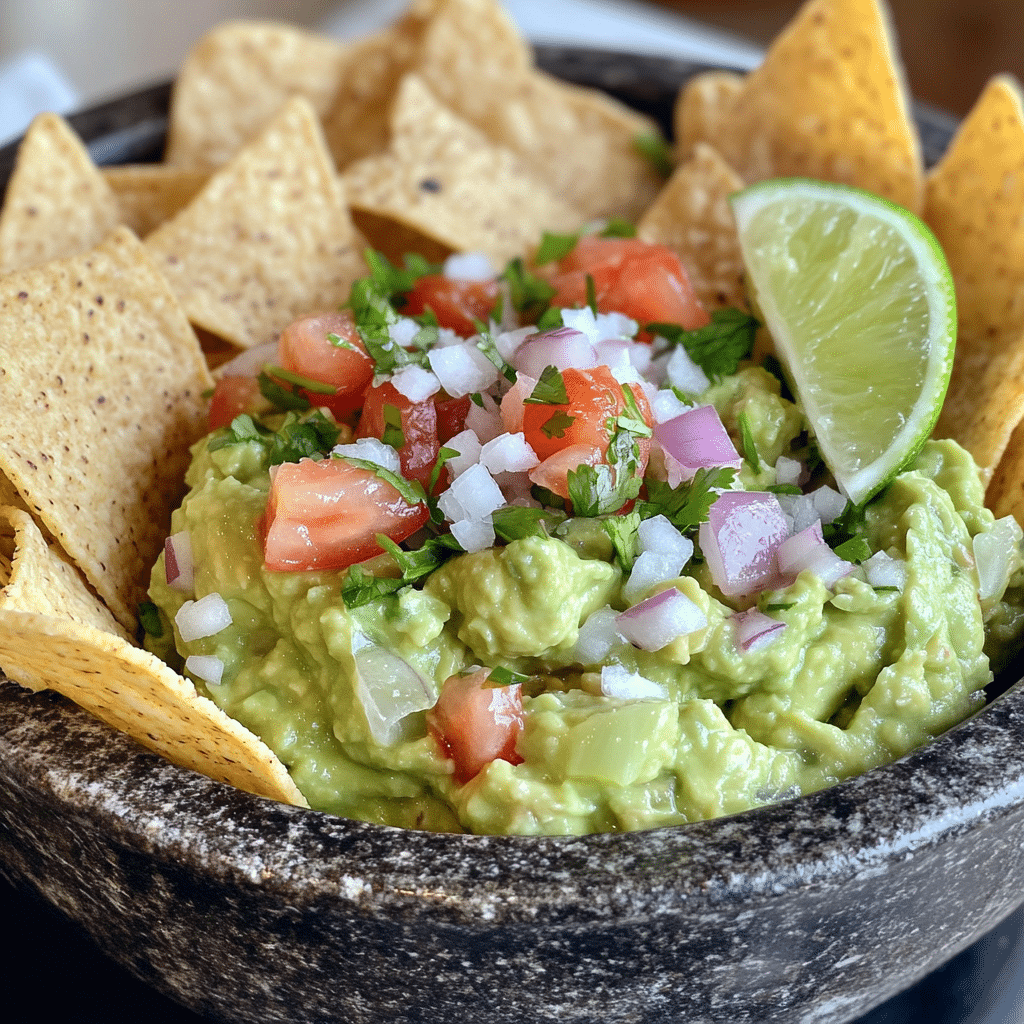 Close-up of authentic guacamole in a molcajete with tortilla chips and a lime wedge