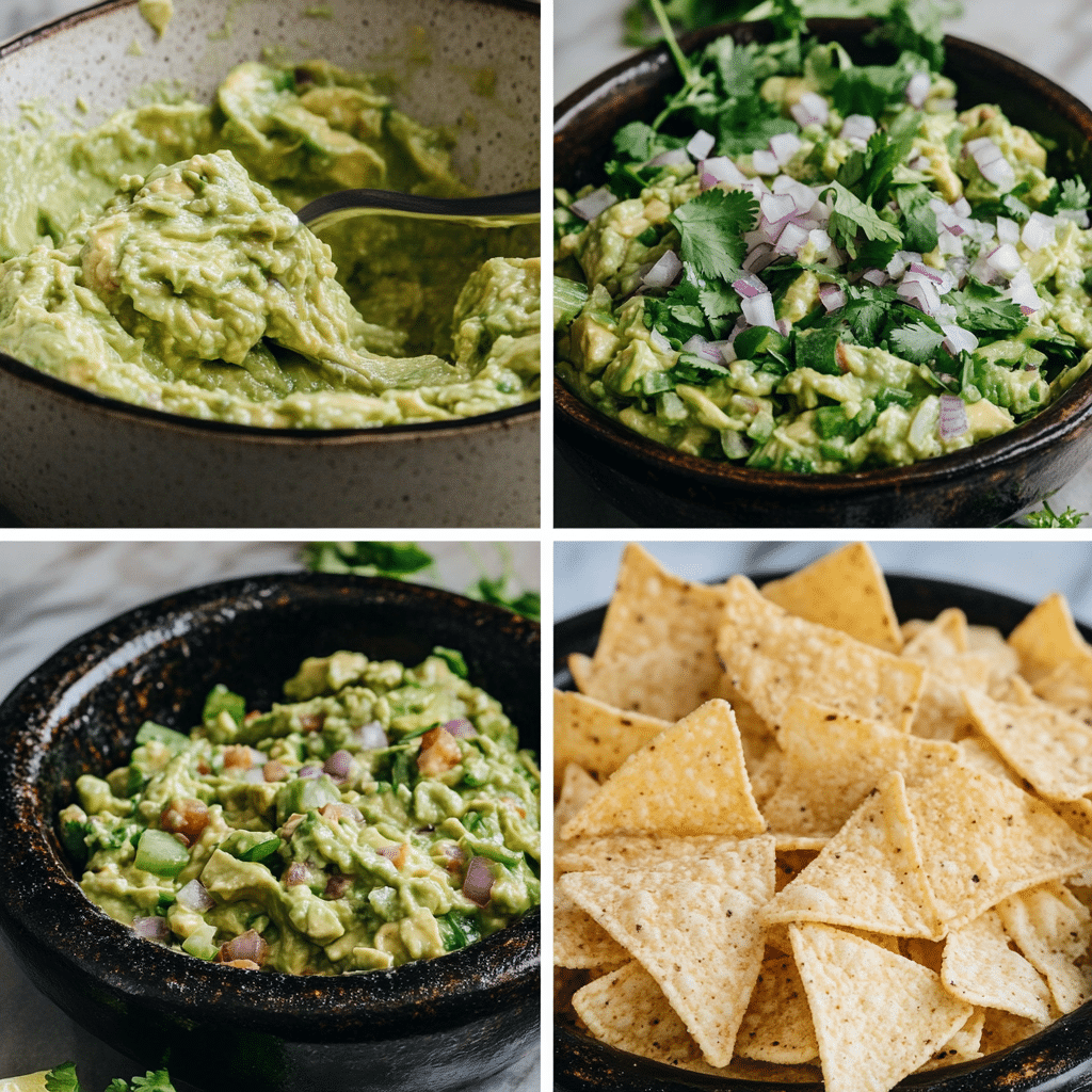 Four-panel collage showing avocado prep, mashing with lime and salt, mixing in onion cilantro tomato and jalapeño, and serving with chips