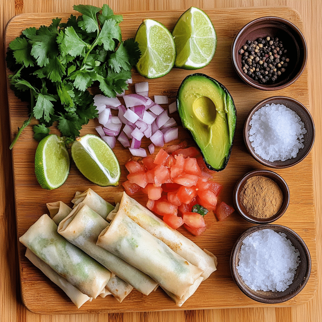 Ingredients for avocado egg rolls on a cutting board with avocados, lime, cilantro, and wrappers
