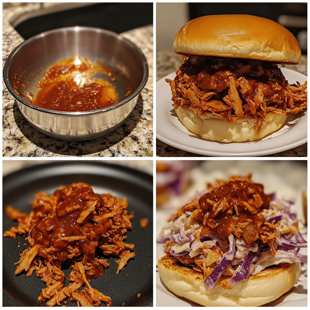 Four panel collage showing rinsing jackfruit, simmering in BBQ sauce, shredding, and assembling sandwiches