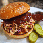 BBQ jackfruit sandwich on a bun with slaw and pickles