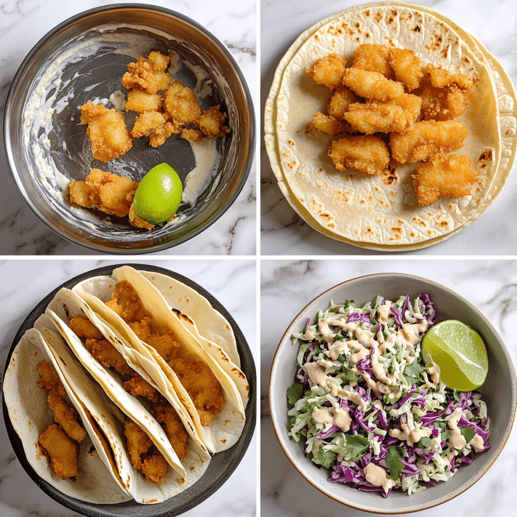 Four panel collage showing battering and frying fish, mixing slaw, and assembling Baja fish tacos