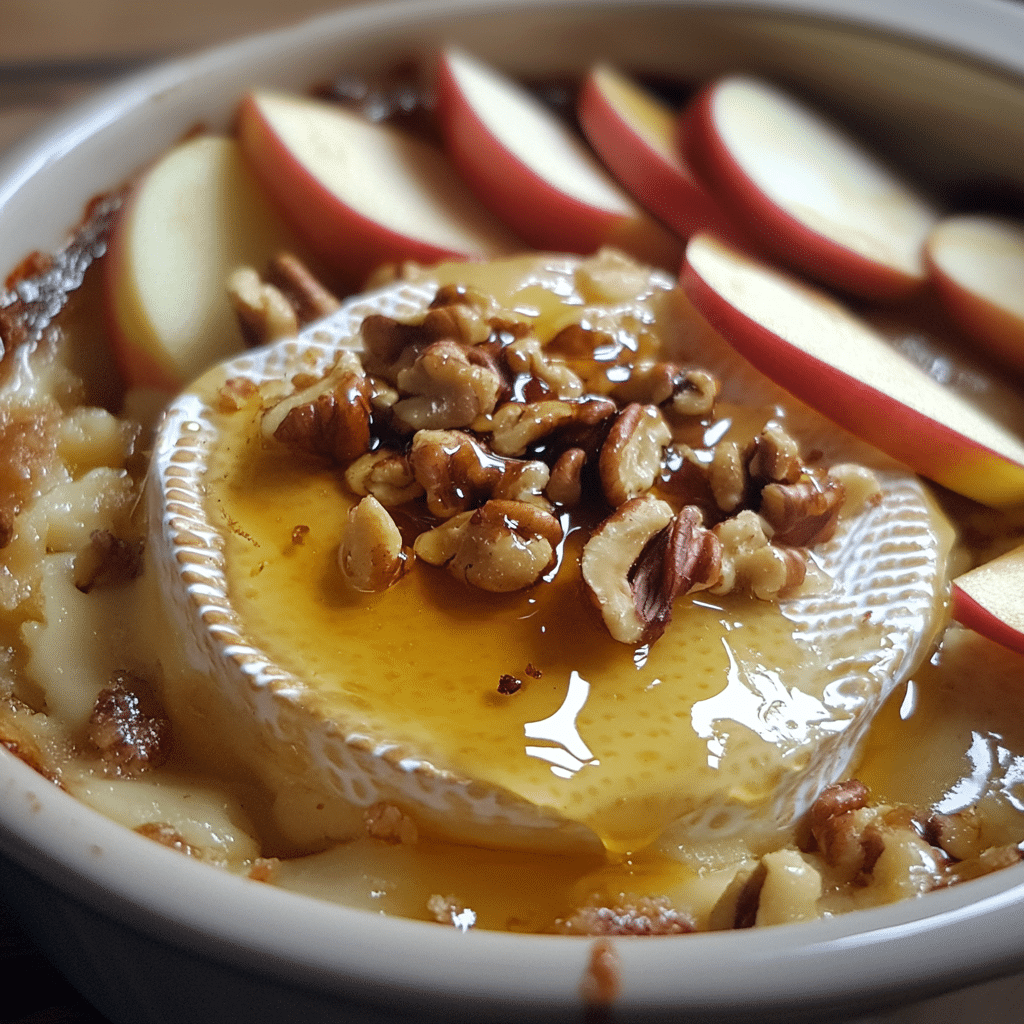 Gooey baked brie topped with honey and walnuts served with crackers and apple slices