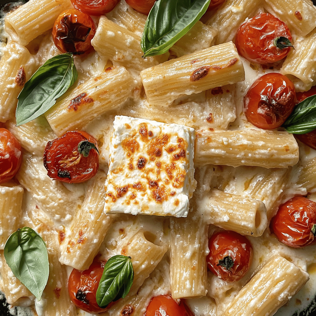 Baked feta pasta with melted cheese and roasted tomatoes, garnished with basil