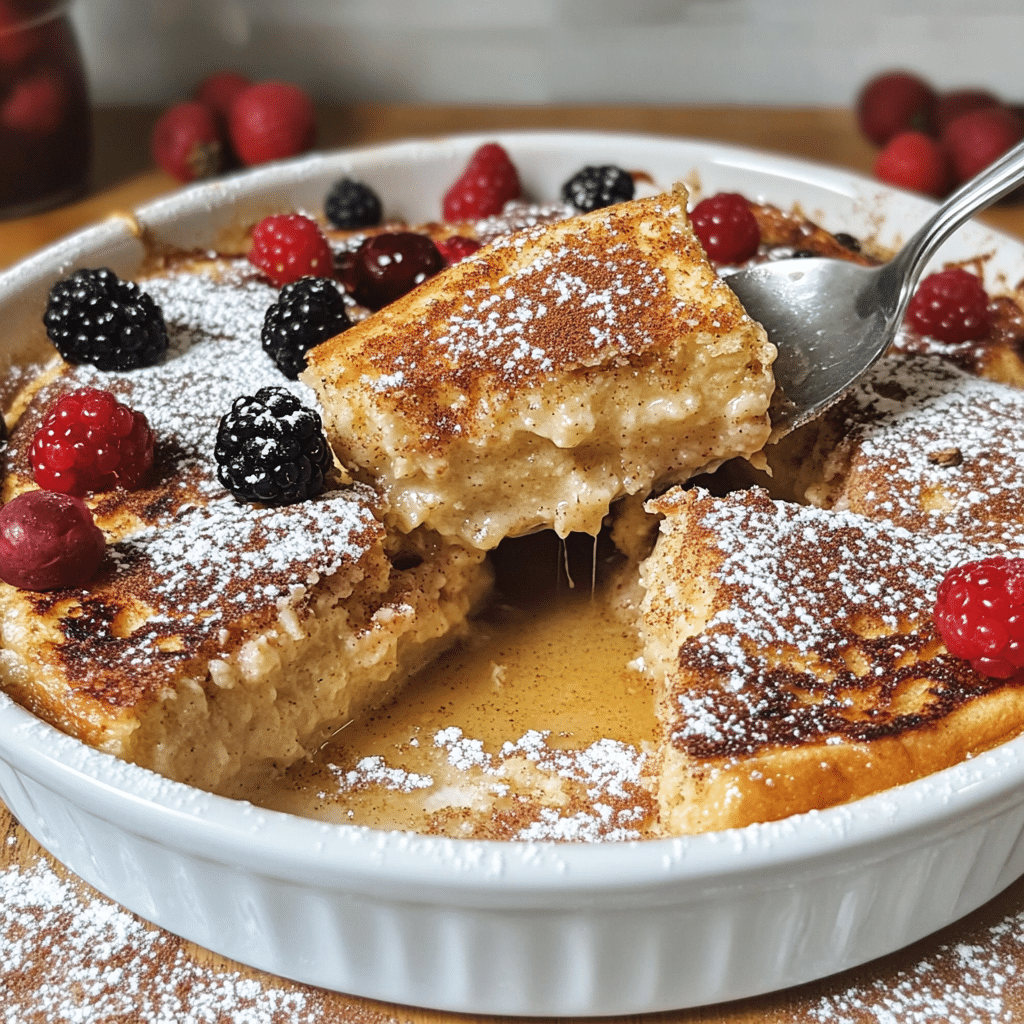 Baked French toast casserole in a white dish with powdered sugar, berries, and maple syrup drizzle
