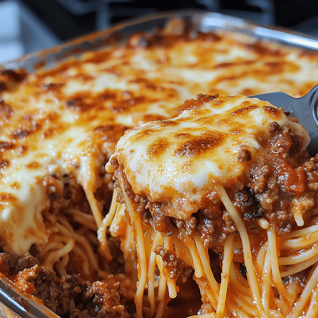 Close-up of baked spaghetti casserole with melted cheese being lifted with a spatula