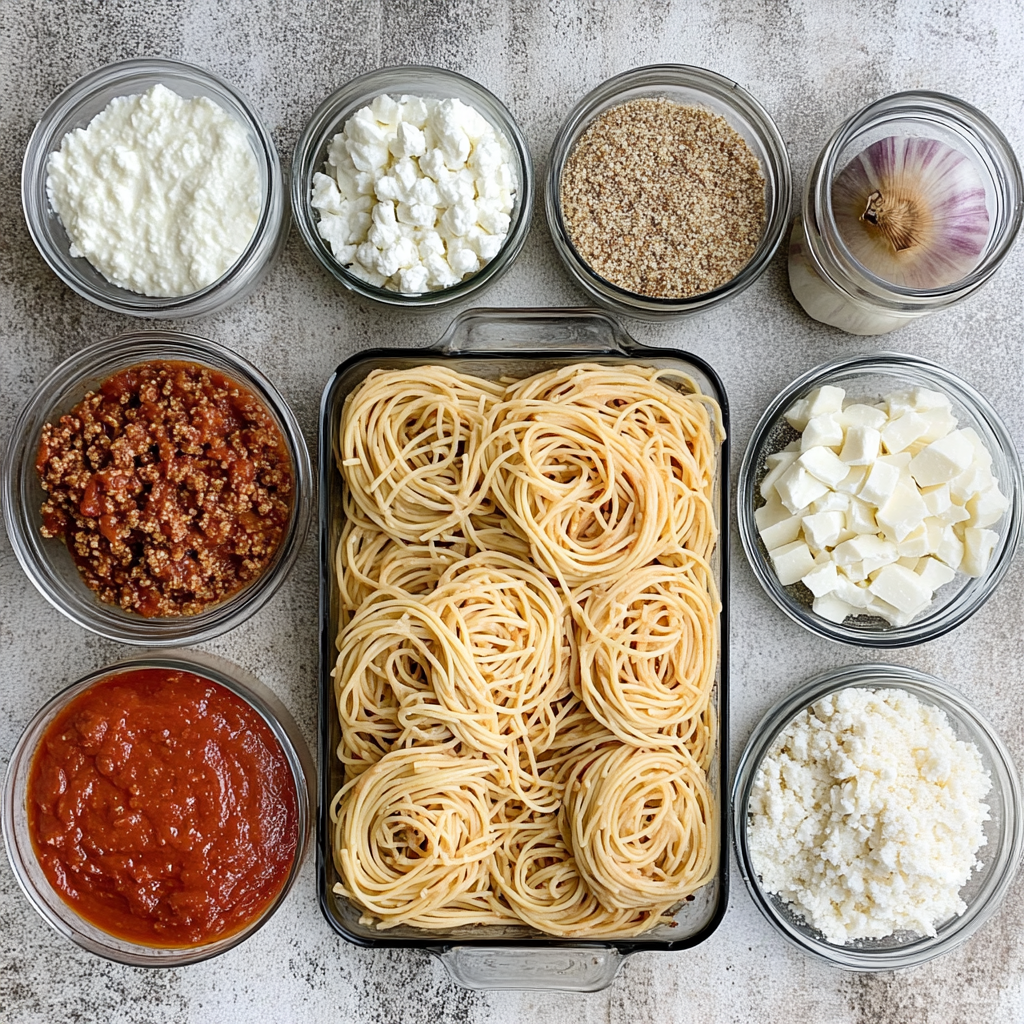 Overhead ingredients for baked spaghetti including spaghetti noodles, marinara, ground beef, ricotta, mozzarella, and seasonings