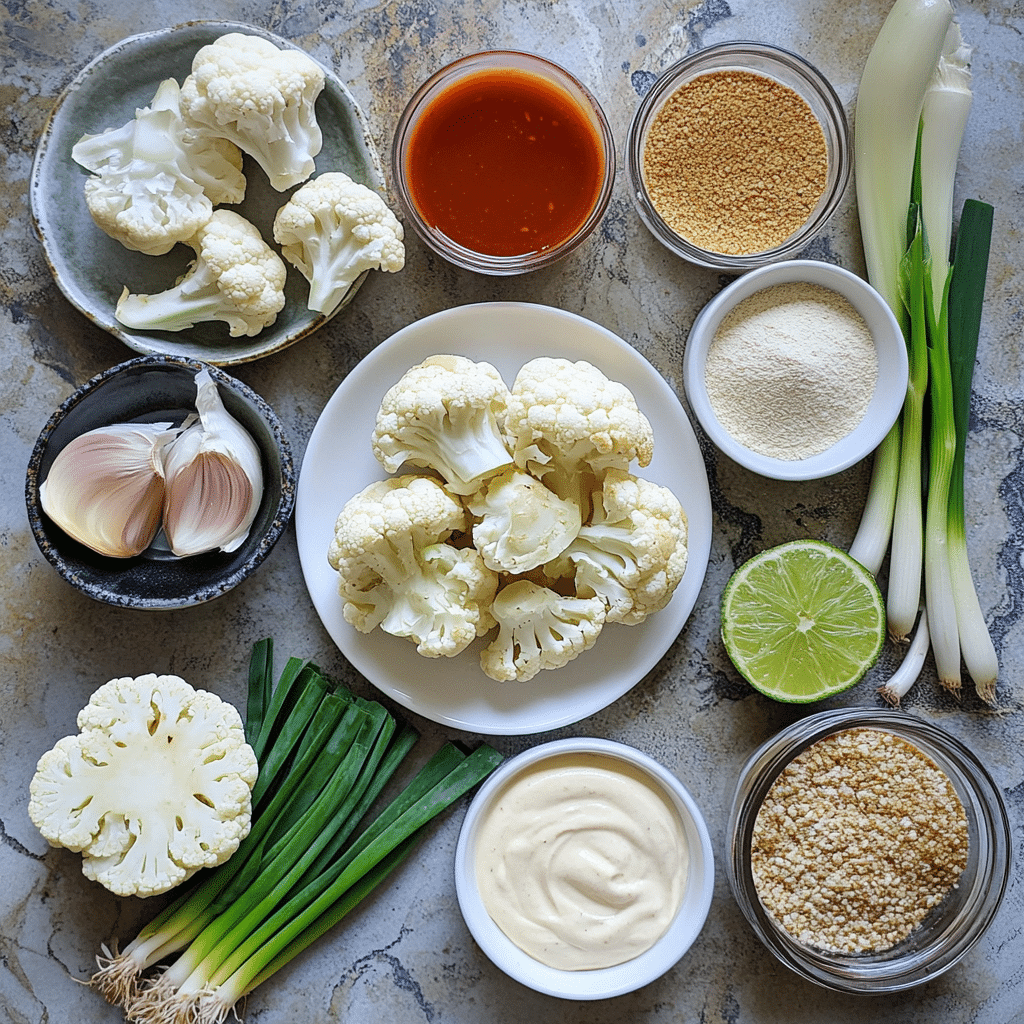 Ingredients for bang bang cauliflower including cauliflower, panko, flour, mayo, sweet chili sauce, and hot sauce