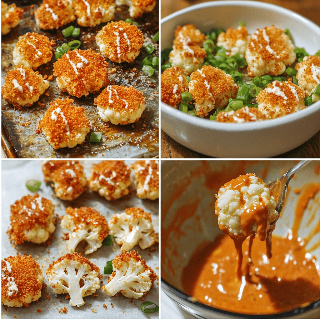 Four panel collage showing coating cauliflower, baking until crisp, mixing sauce, and serving with garnish