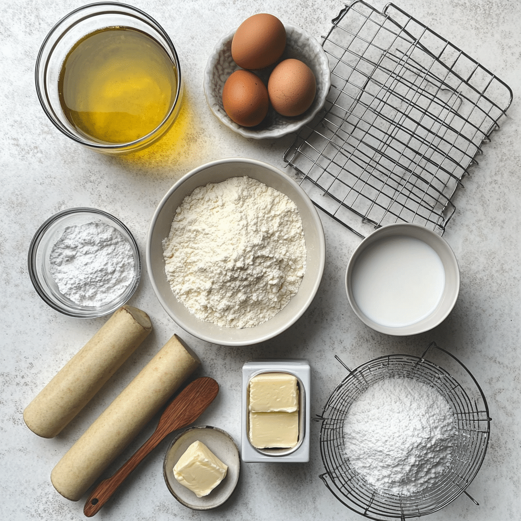 Overhead ingredients for beignets including flour, yeast, sugar, eggs, milk, oil for frying, and powdered sugar