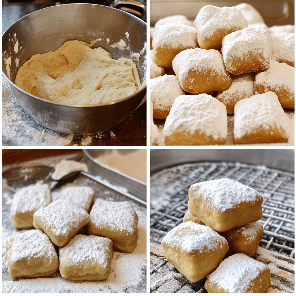 Four-panel collage showing mixing dough, cutting squares, frying until puffed, and finished beignets with powdered sugar