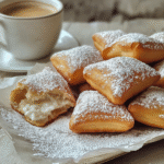 Close-up of beignets dusted with powdered sugar with one torn open showing airy interior