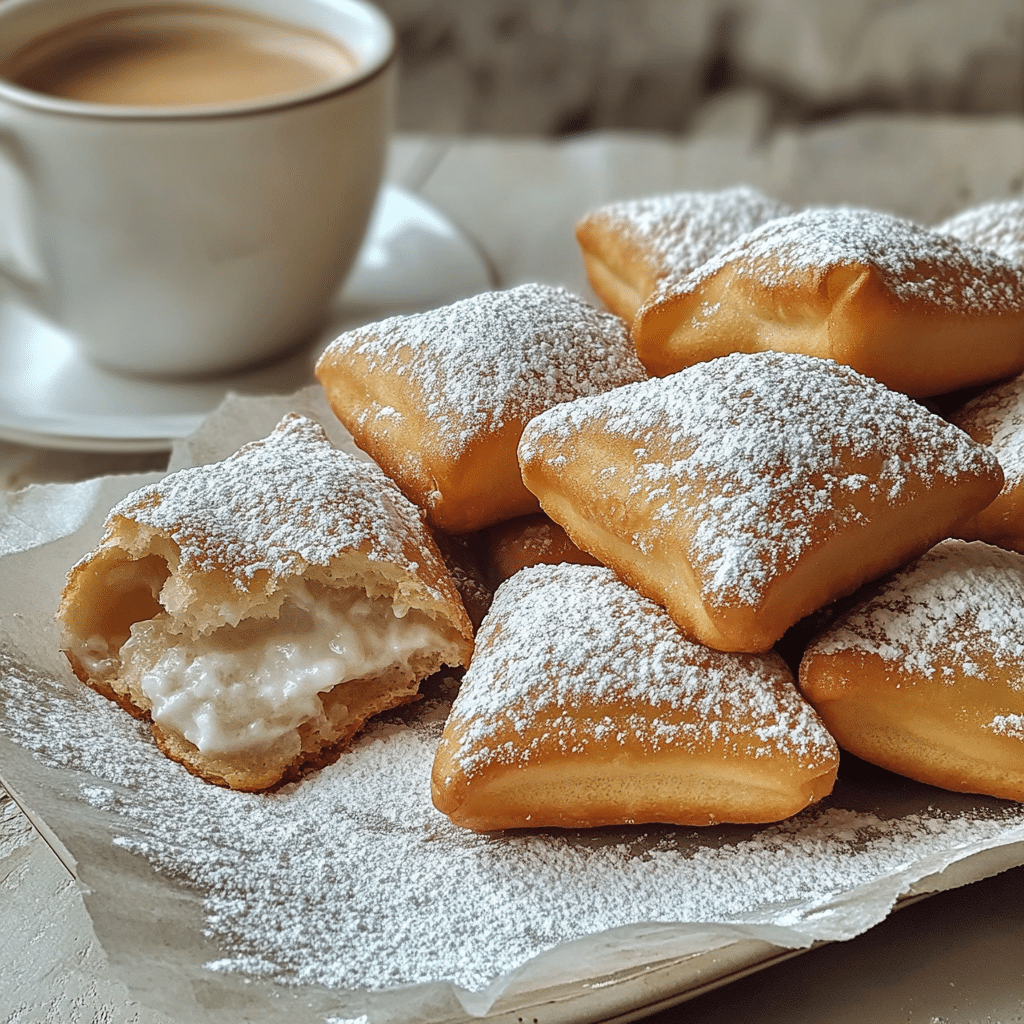 Close-up of beignets dusted with powdered sugar with one torn open showing airy interior