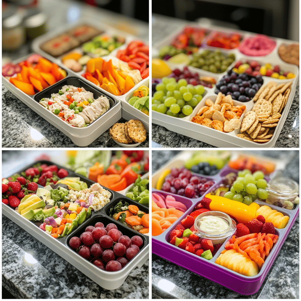 Four-panel collage showing adding protein and crackers, adding veggies and dip, adding fruit, and the finished bento box neatly packed