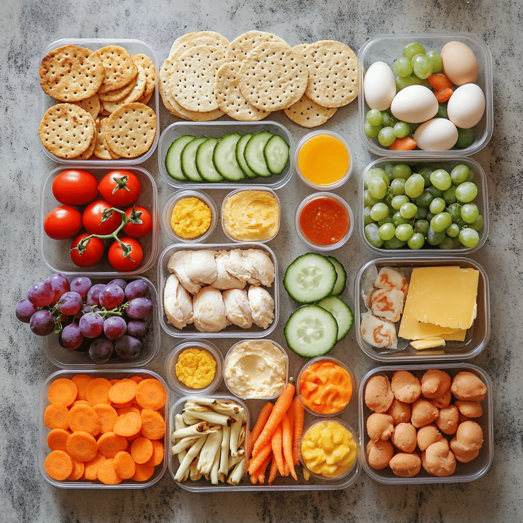 Overhead bento prep ingredients including proteins, fruits, vegetables, crackers, and dips with an empty bento container