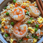 Bowl of shrimp fried rice with vegetables egg and green onions