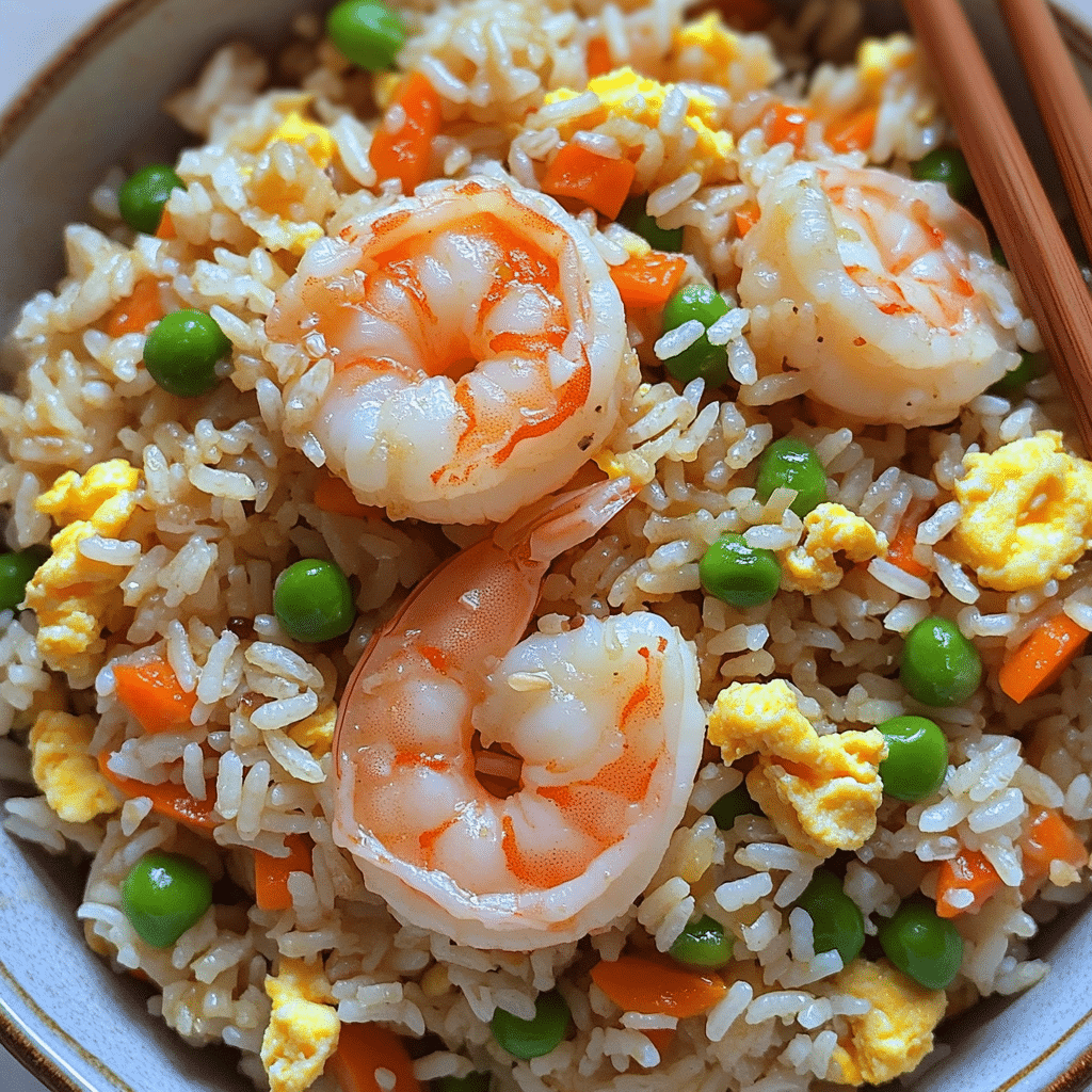 Bowl of shrimp fried rice with vegetables egg and green onions