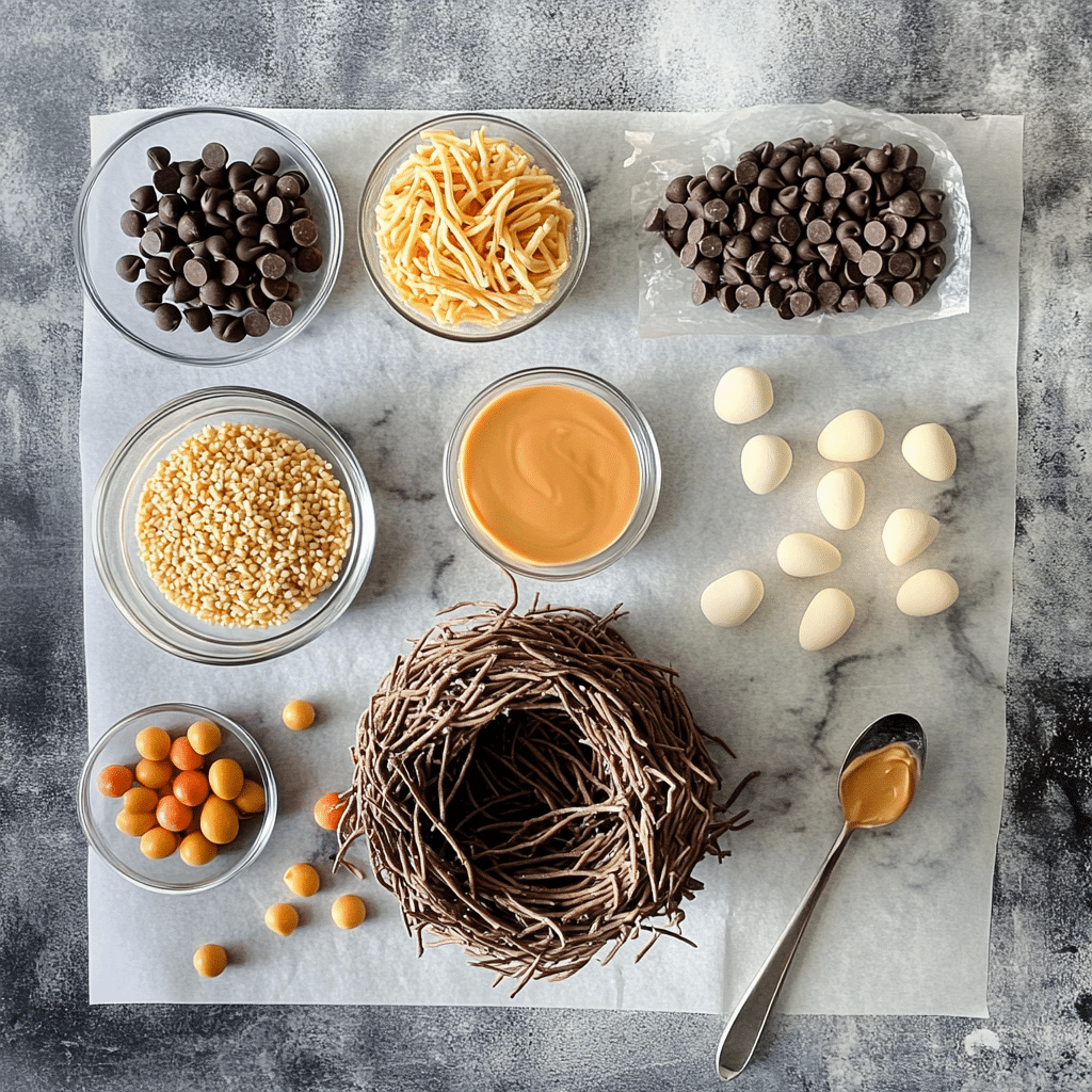 Overhead ingredients for birds nest cookies including chocolate chips, crispy cereal or chow mein noodles, and mini candy eggs