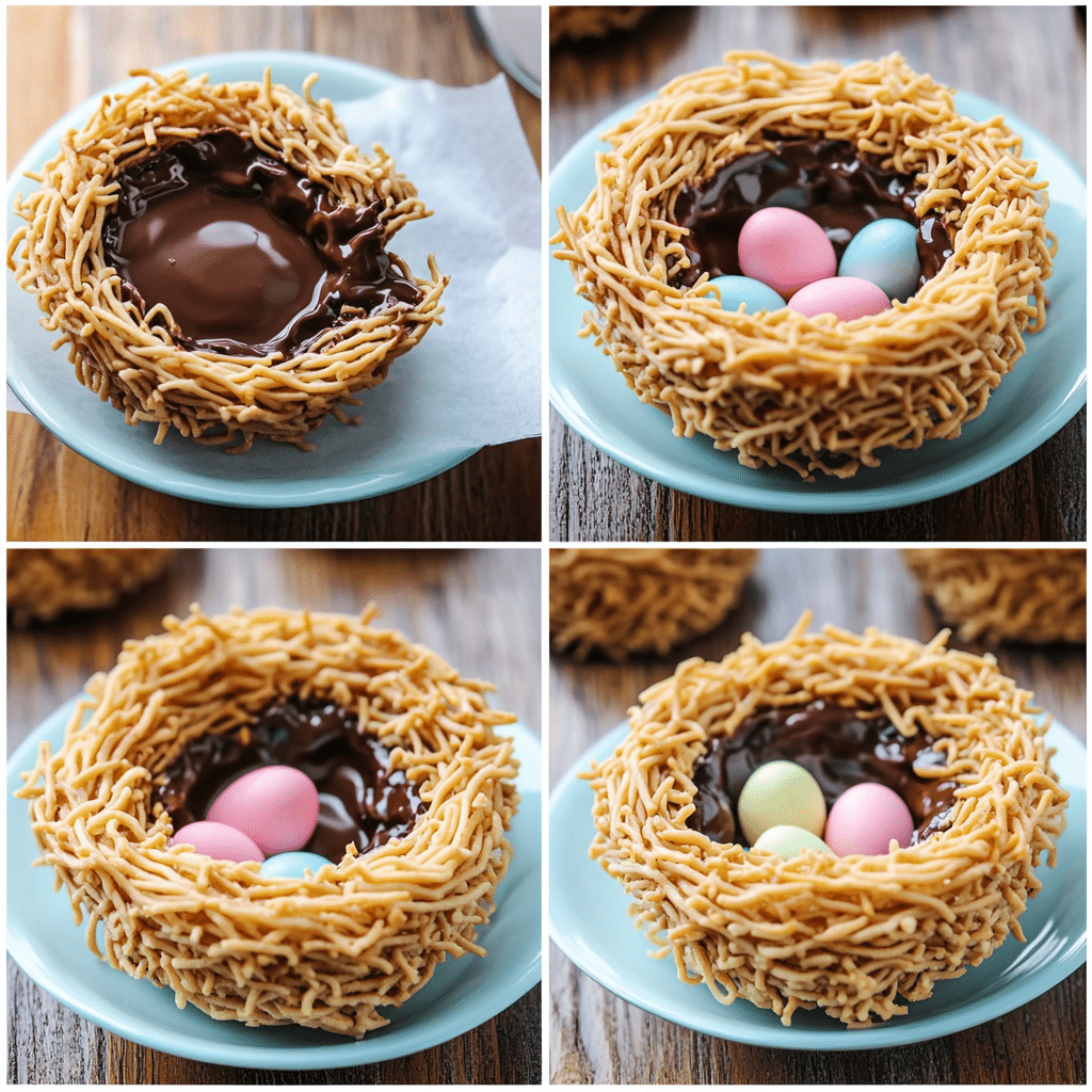 Four-panel collage showing melting chocolate, mixing with crispy noodles, shaping nests on parchment, and adding candy eggs to finish
