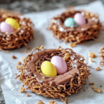 Close-up of birds nest cookies shaped like nests with chocolate coating and candy eggs in the middle