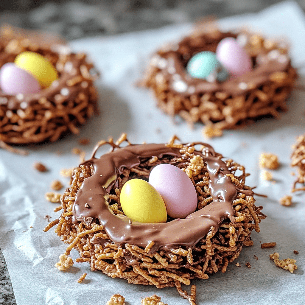 Close-up of birds nest cookies shaped like nests with chocolate coating and candy eggs in the middle