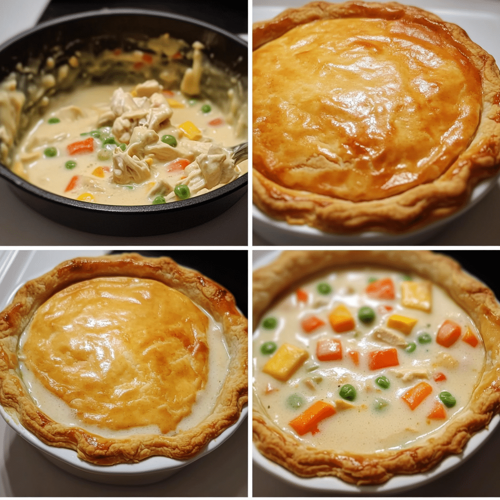 Four-panel collage showing making creamy filling, transferring to baking dish, mixing and pouring Bisquick topping, and finished baked pot pie golden and bubbling