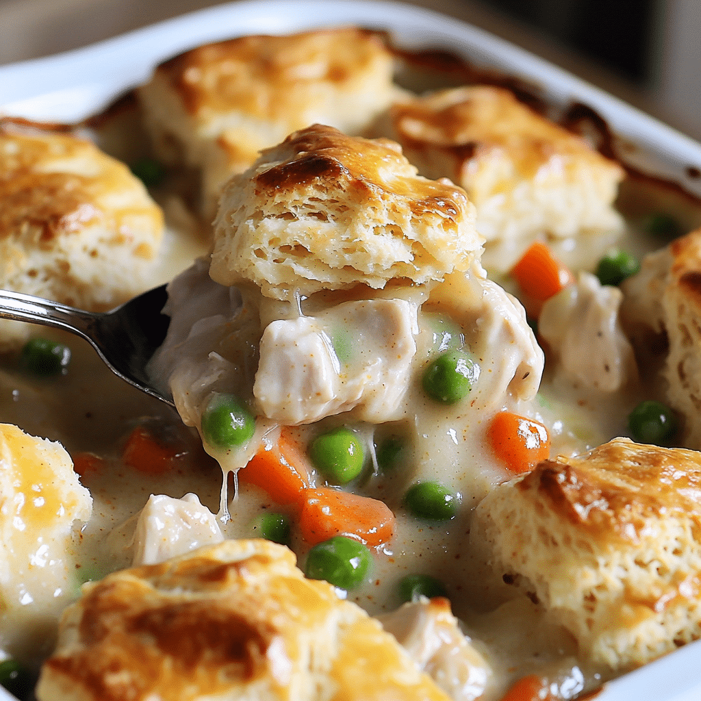 Close-up of bisquick chicken pot pie with a golden topping and creamy chicken and vegetable filling