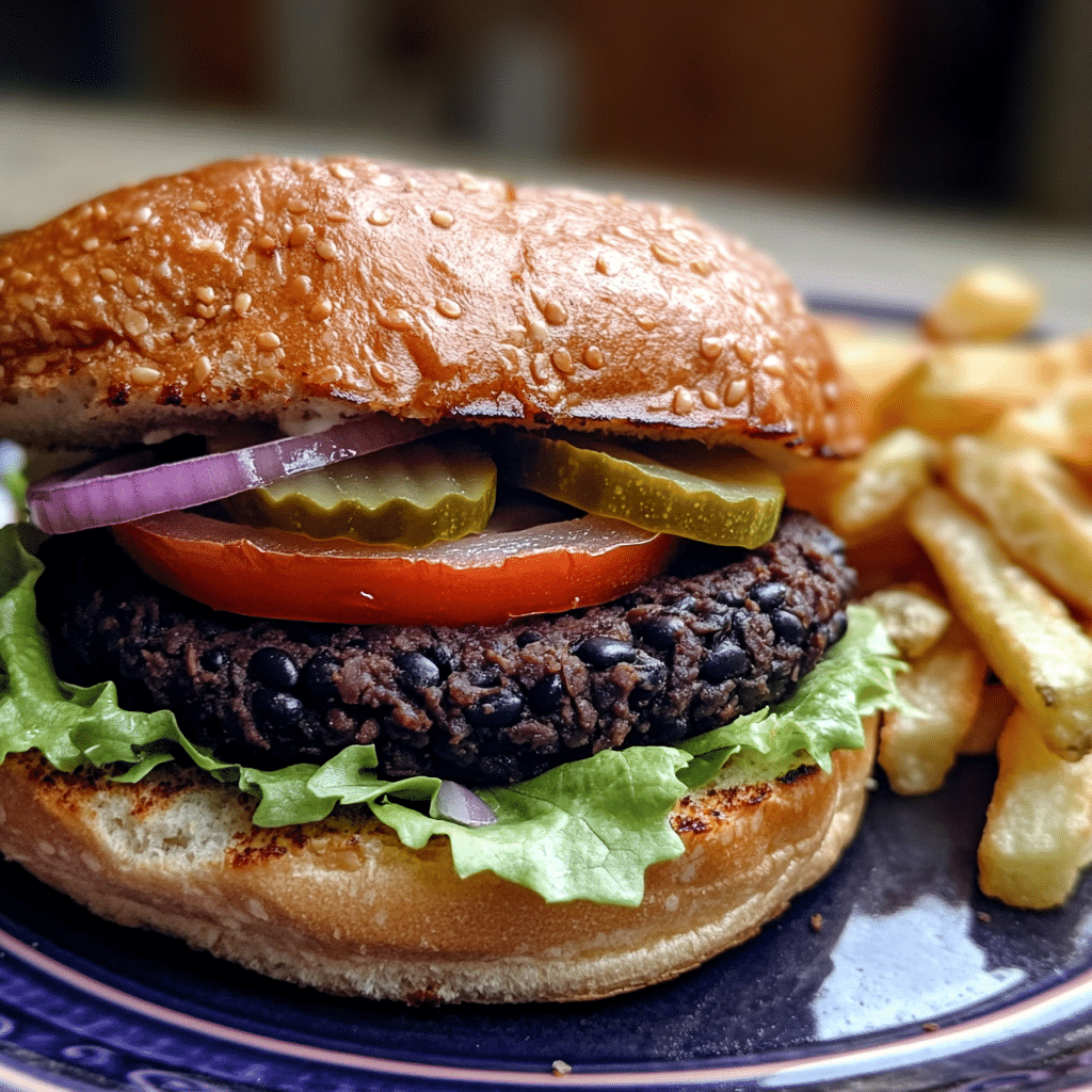 Black bean burger on a toasted bun with lettuce, tomato, onion, and pickles