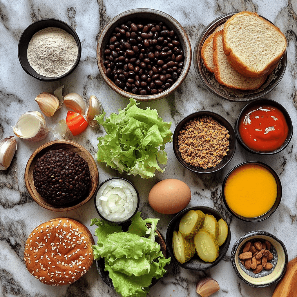 Ingredients for black bean burgers including beans, breadcrumbs, spices, and buns