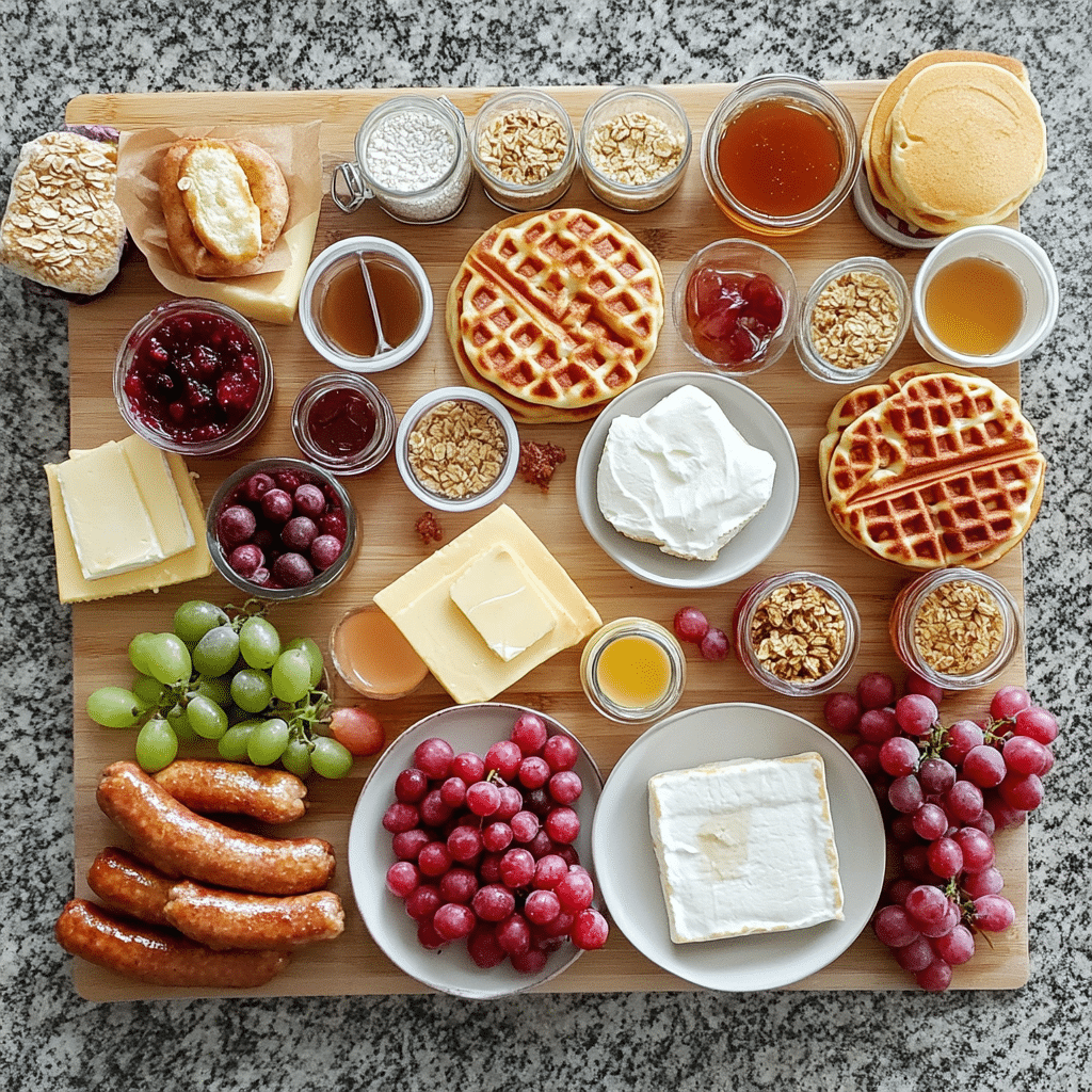 Ingredients for a breakfast charcuterie board including waffles, bagels, fruit, yogurt, meats, cheese, and toppings