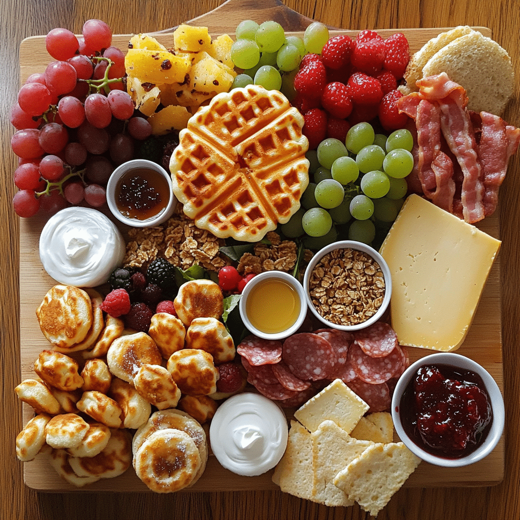 Breakfast charcuterie board with waffles, bagels, fruit, yogurt, bacon, sausage, cheese, and syrup