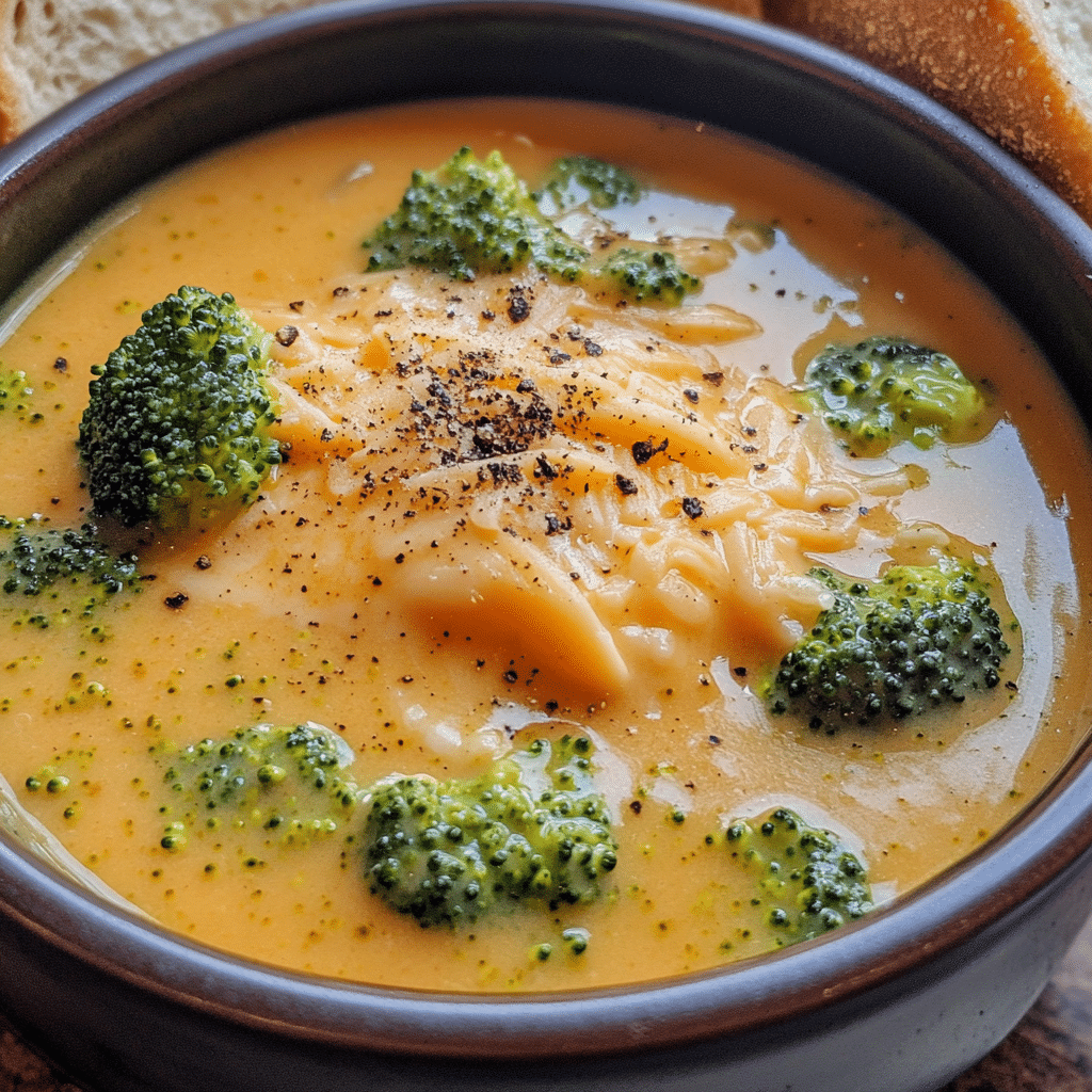 Close-up bowl of broccoli cheddar soup with broccoli florets and melted cheddar on top
