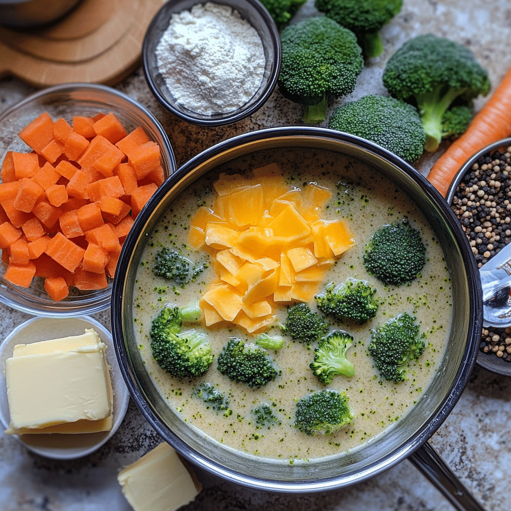 Overhead ingredients for broccoli cheddar soup including broccoli, cheddar, broth, milk, onion, and seasonings