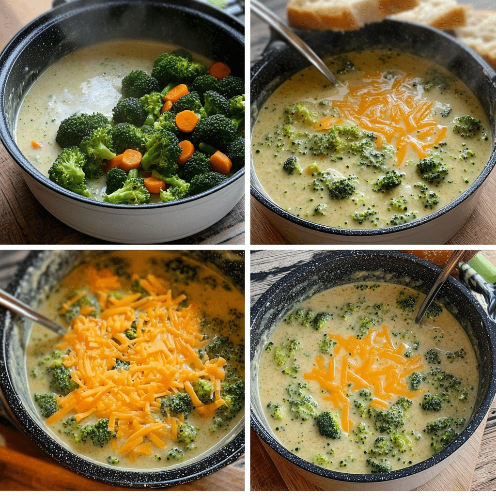 Four-panel collage showing sautéing vegetables, making roux, simmering broccoli in broth and milk, and stirring in cheddar to finish