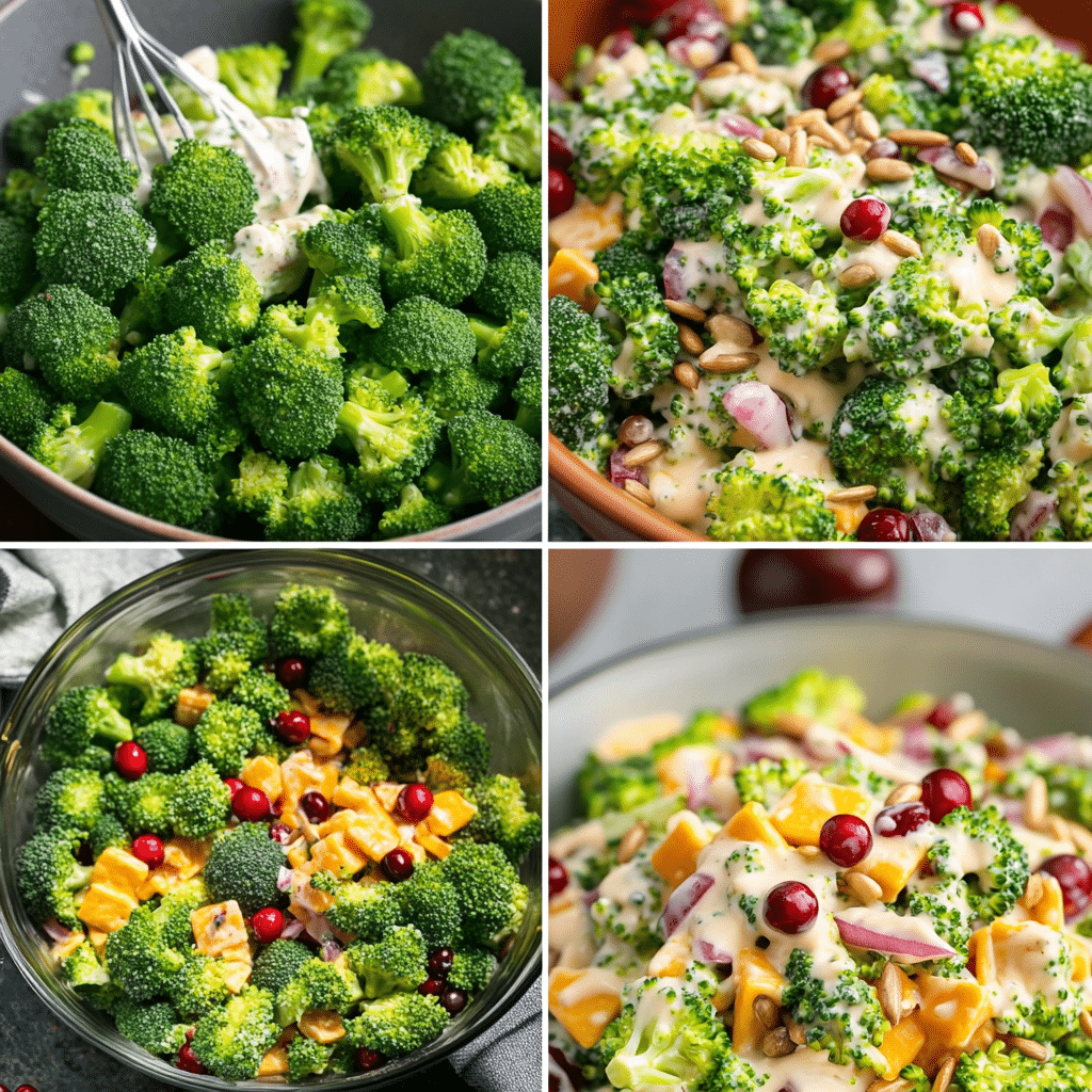 Four-panel collage showing broccoli chopped dressing whisked and salad tossed and served