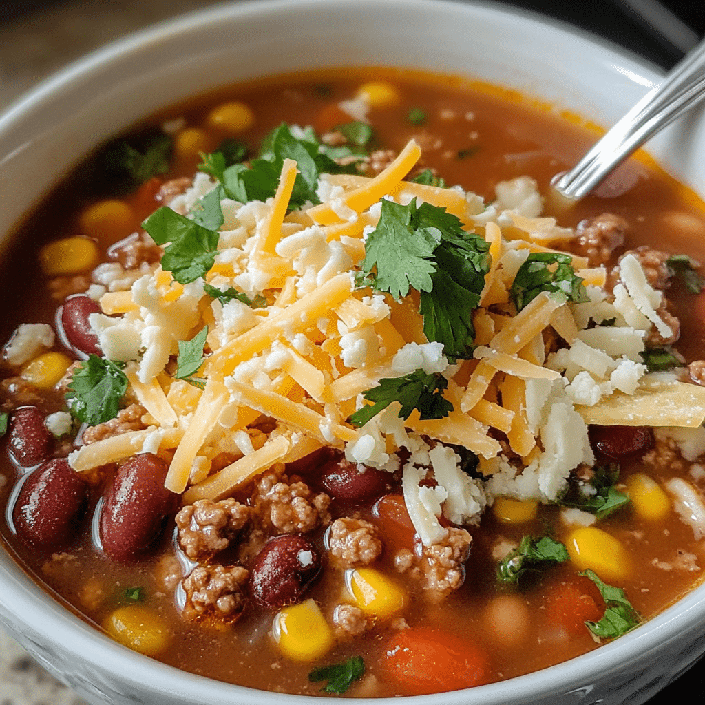Close-up bowl of taco soup topped with shredded cheese, tortilla chips, and cilantro