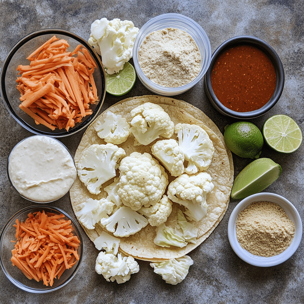 Ingredients for Crispy Buffalo Cauliflower Tacos with cauliflower, buffalo sauce, tortillas, and slaw