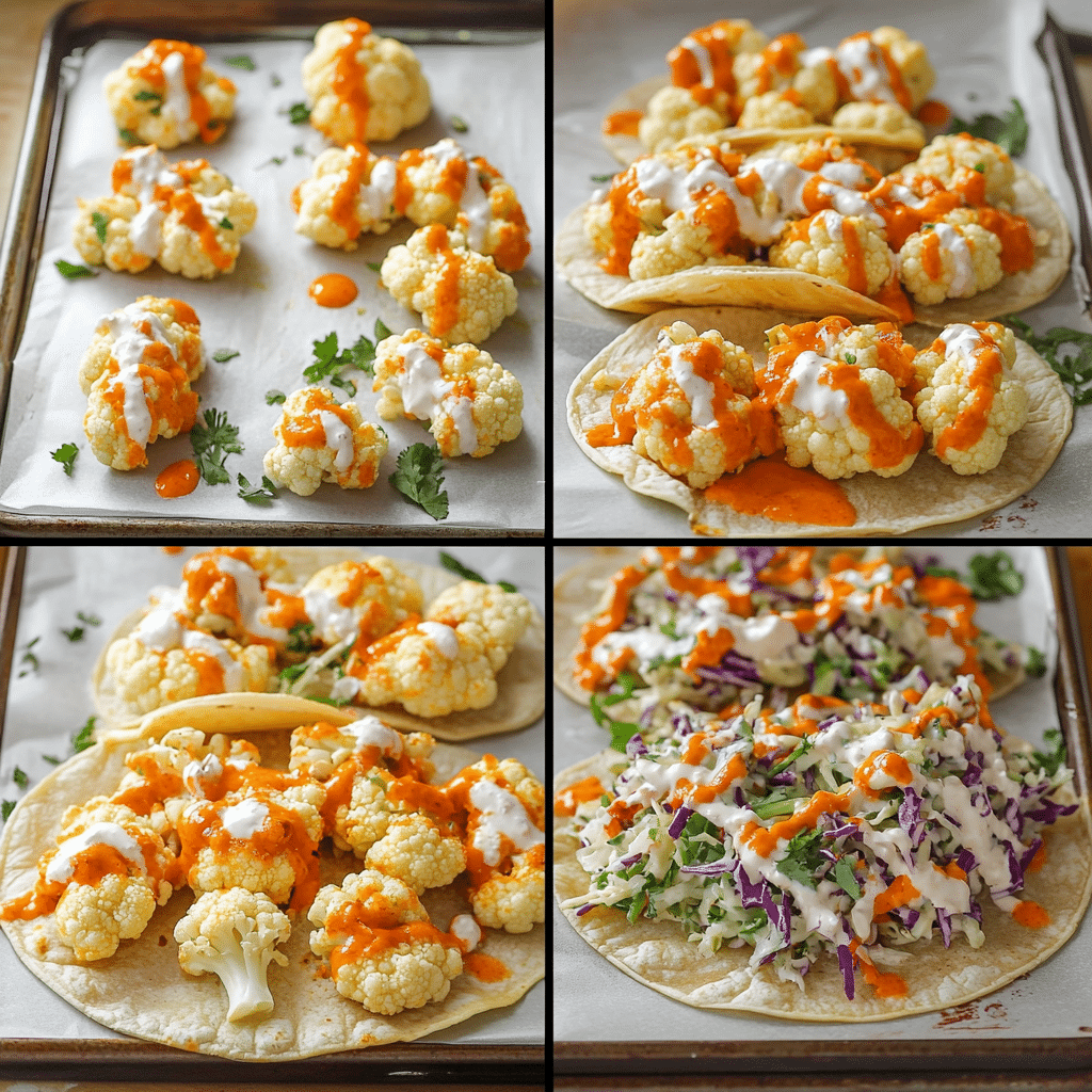 Four panel collage showing how to make Crispy Buffalo Cauliflower Tacos