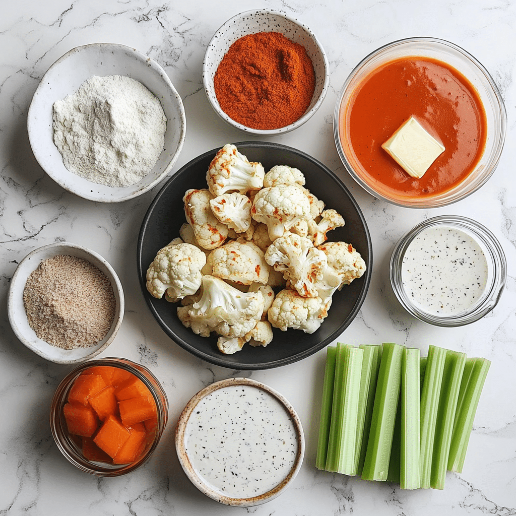 Ingredients for buffalo cauliflower wings including cauliflower, flour, panko, buffalo sauce, and dip