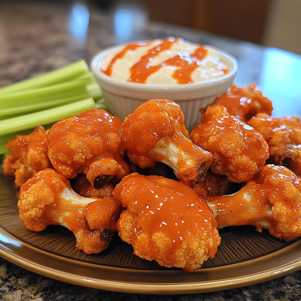 Buffalo cauliflower wings on a platter with dip and celery sticks