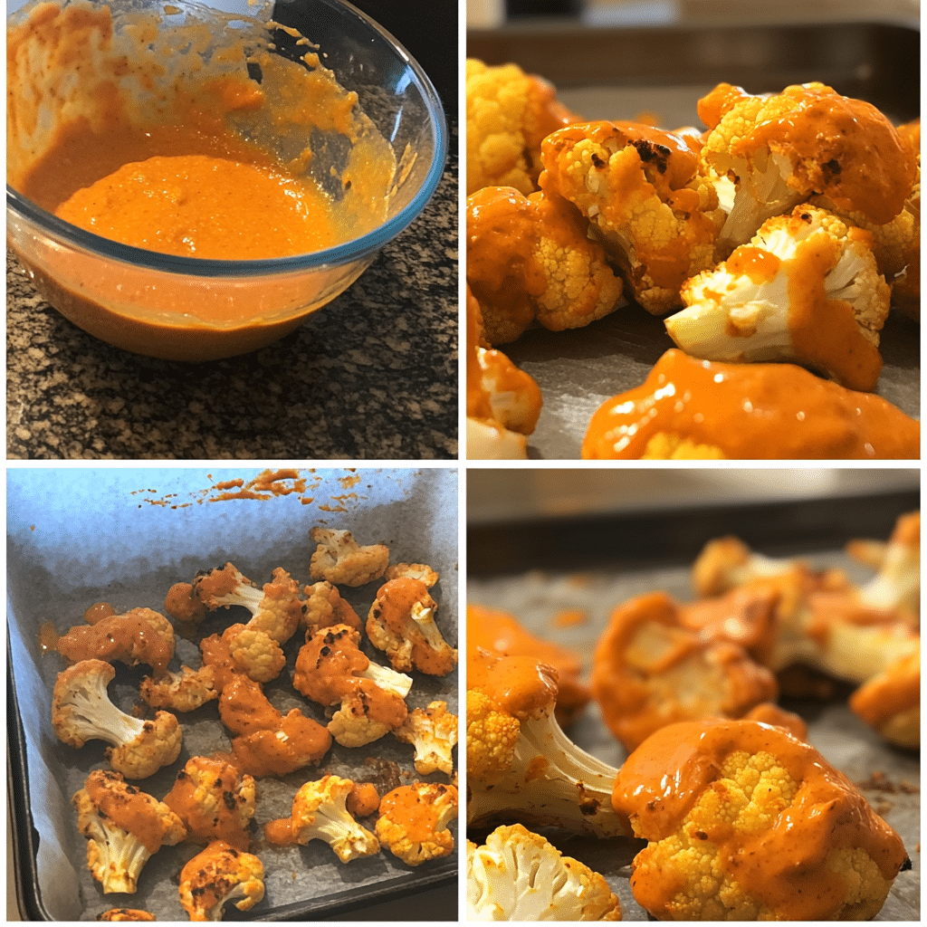 Four panel collage showing battering cauliflower, baking, tossing in buffalo sauce, and finishing after second bake