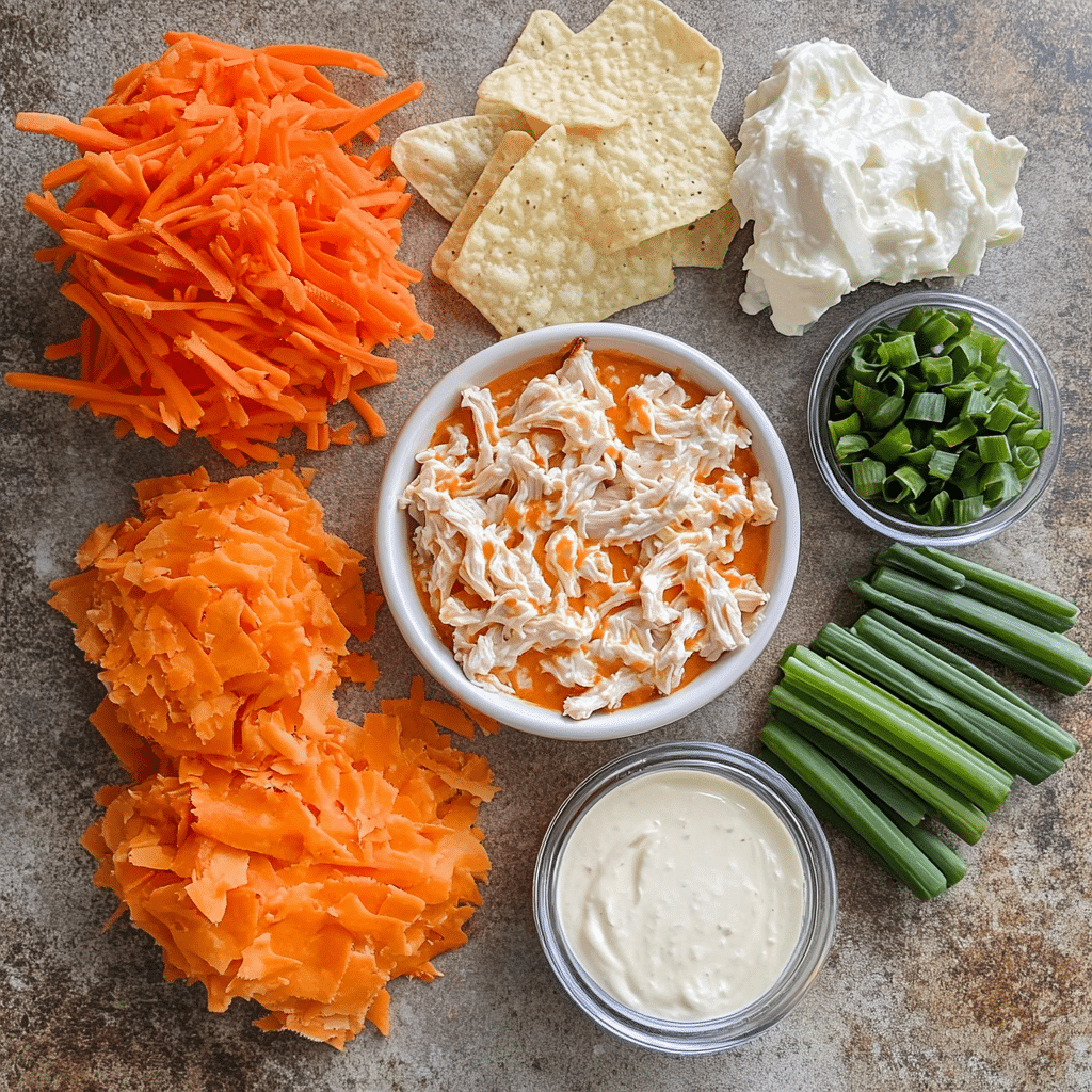 Overhead ingredients for buffalo chicken dip including chicken pieces, cream cheese, buffalo sauce, ranch, shredded cheese, and green onions