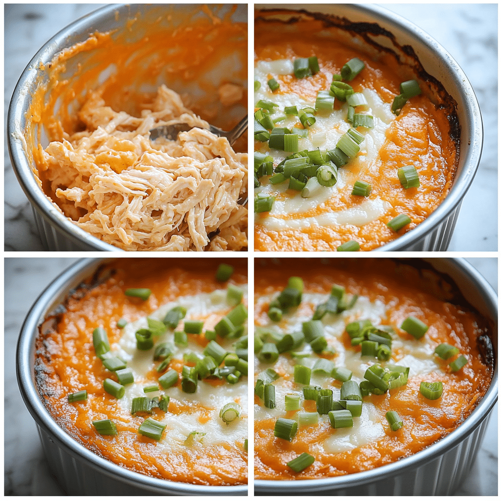 Four-panel collage showing mixing sauce base, stirring in chicken and cheese, assembling in a dish, and baked bubbly dip with chips