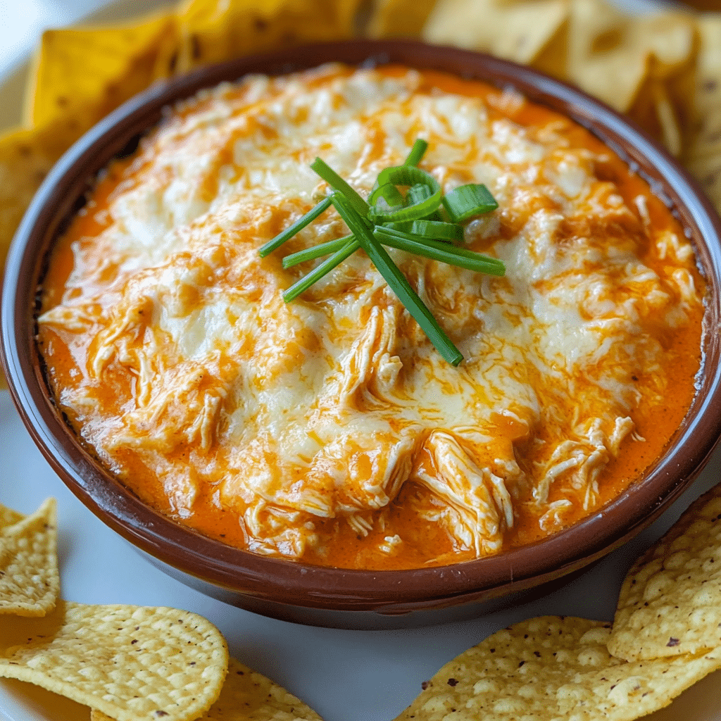 Close-up of buffalo chicken dip with bubbly cheese top and green onion garnish