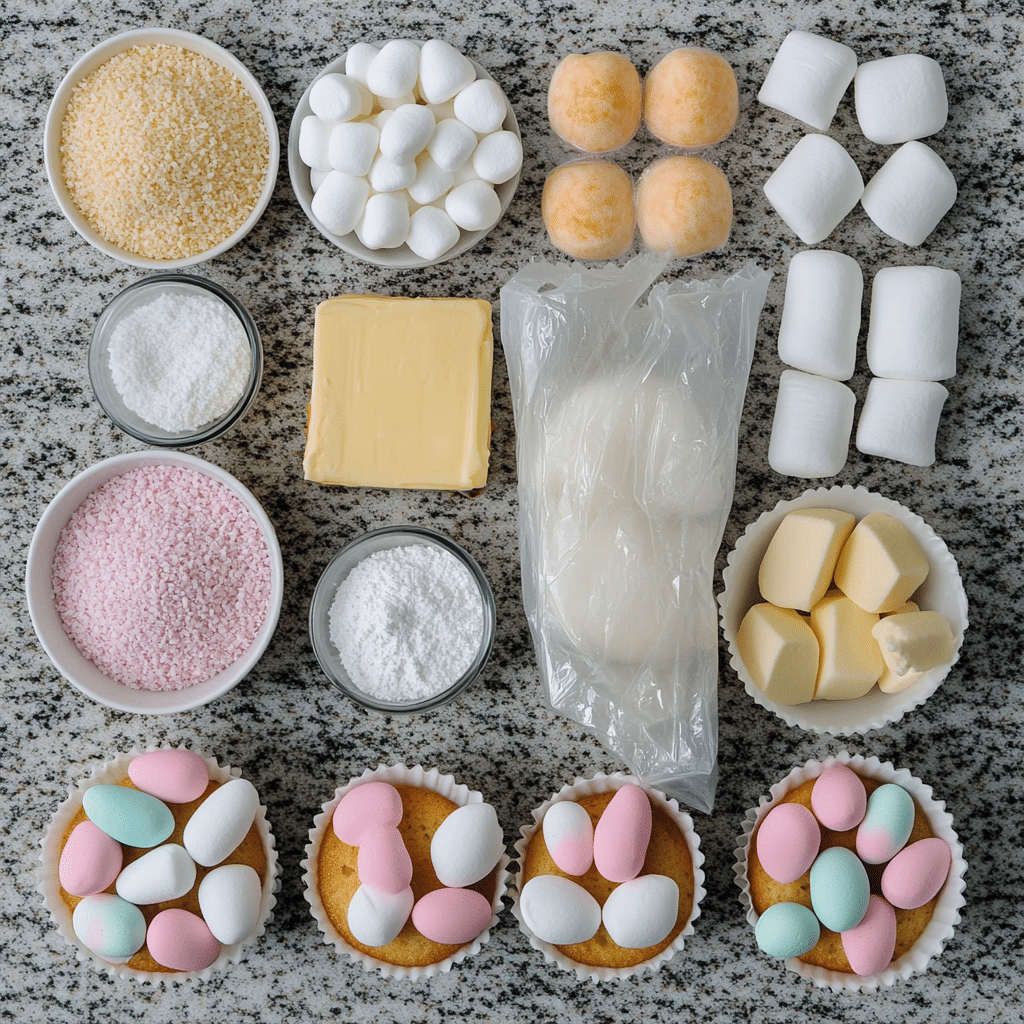 Overhead ingredients for bunny butt cupcakes including vanilla cupcakes, buttercream ingredients, shredded coconut, marshmallows, and candy decorations