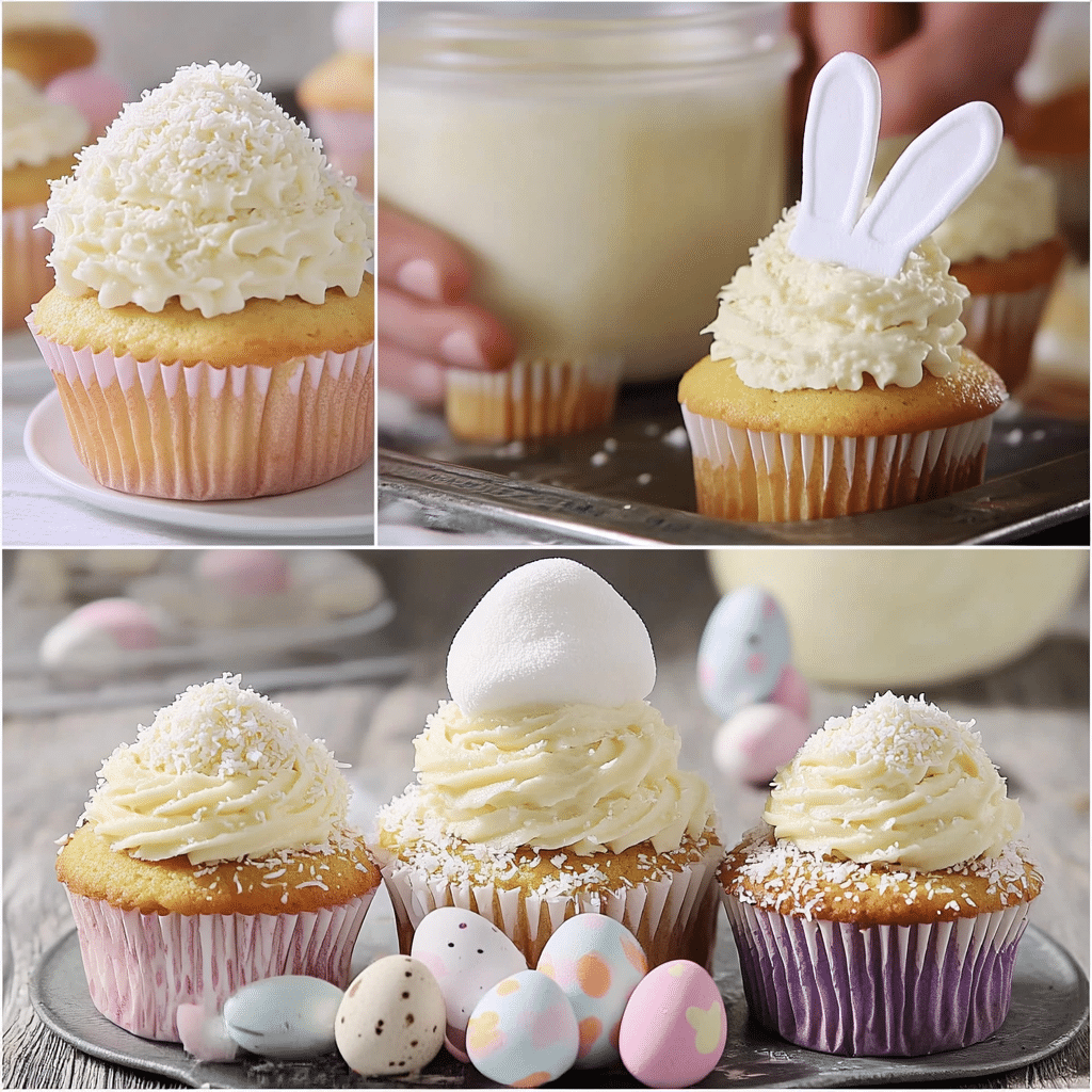 Four-panel collage showing making frosting, piping onto cupcakes, coating with coconut and adding marshmallow tail, and finishing with bunny feet decorations