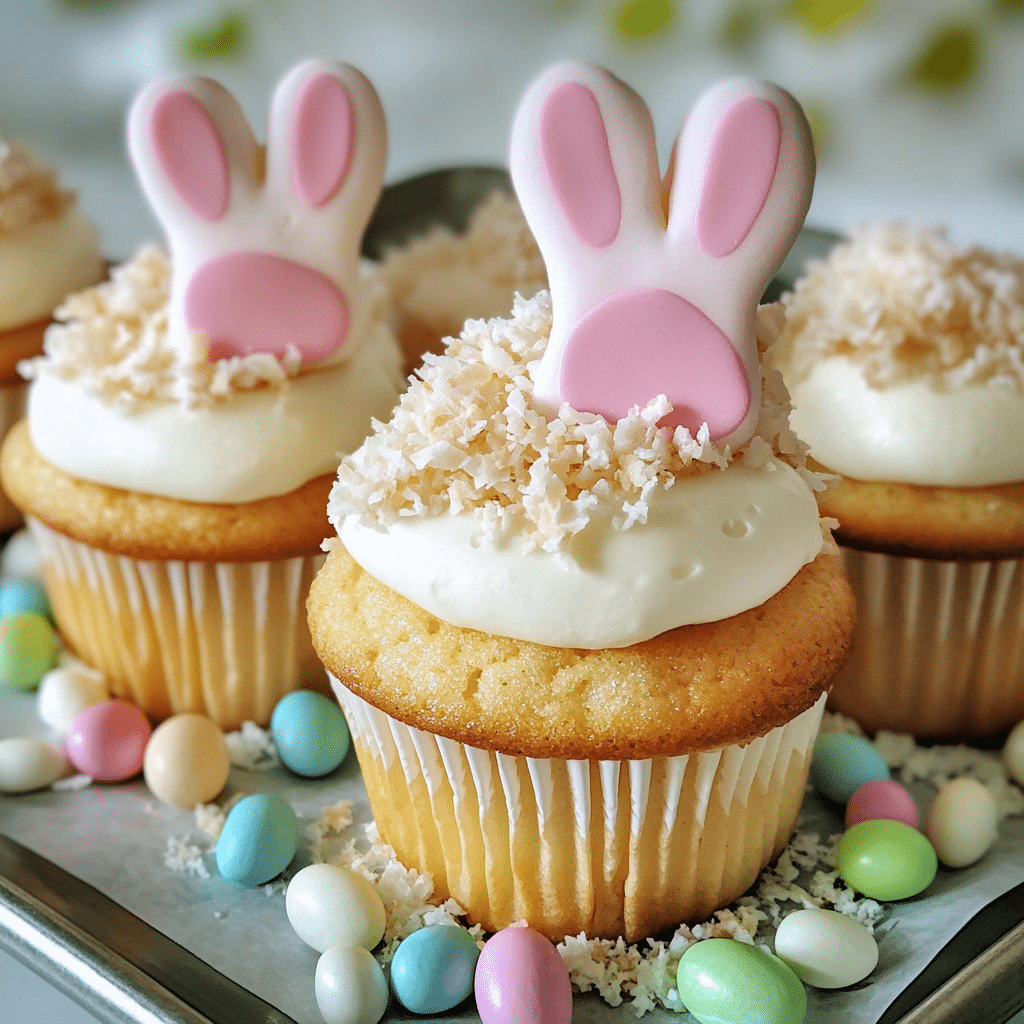Close-up of bunny butt cupcakes with white frosting, coconut sprinkle, marshmallow tails, and bunny feet decorations