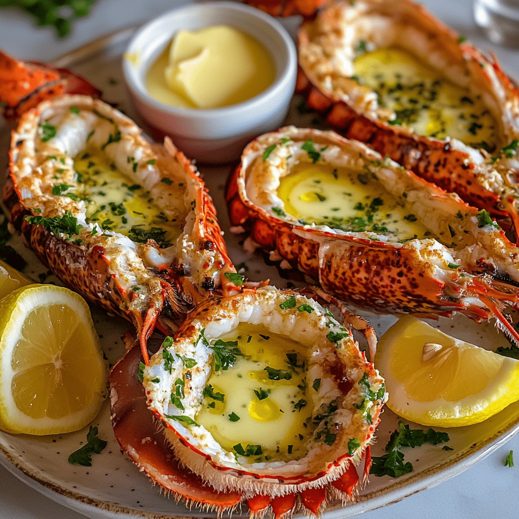 Lobster tails served in shell halves with melted butter and lemon wedges