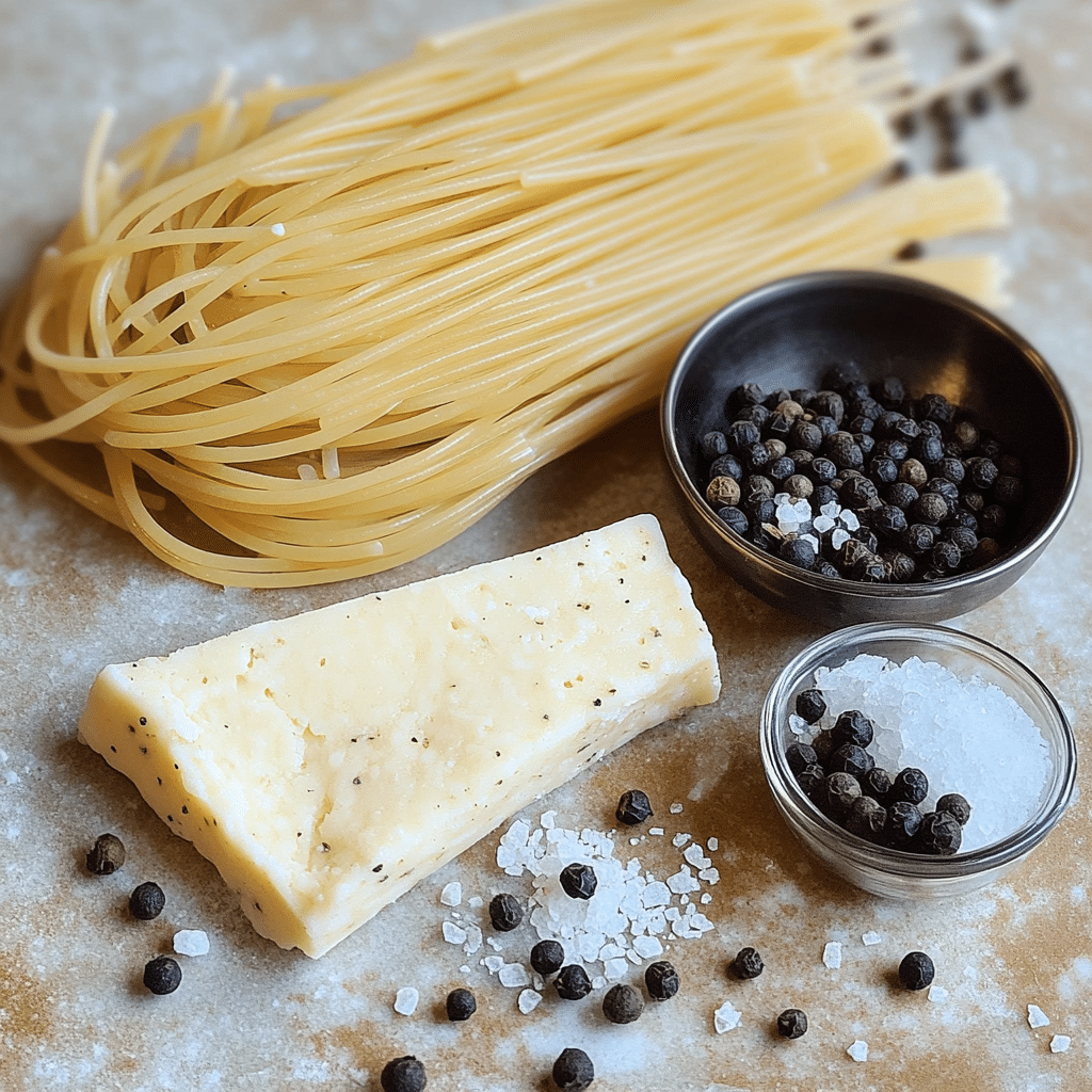 Ingredients for cacio e pepe including spaghetti, pecorino, and black pepper