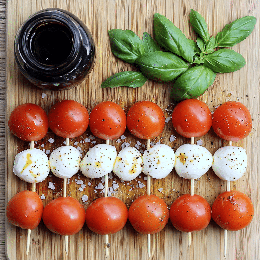 Cherry tomatoes, mozzarella balls, basil, balsamic glaze, and skewers on a board